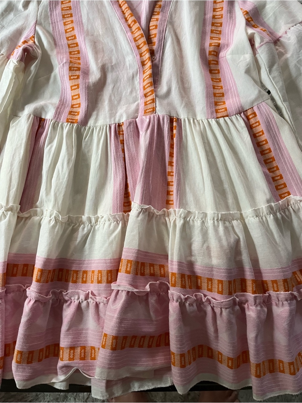 Marabu Women’s Pink & White Tiered Cotton Dress with Orange Trim - Picture 6 of 10